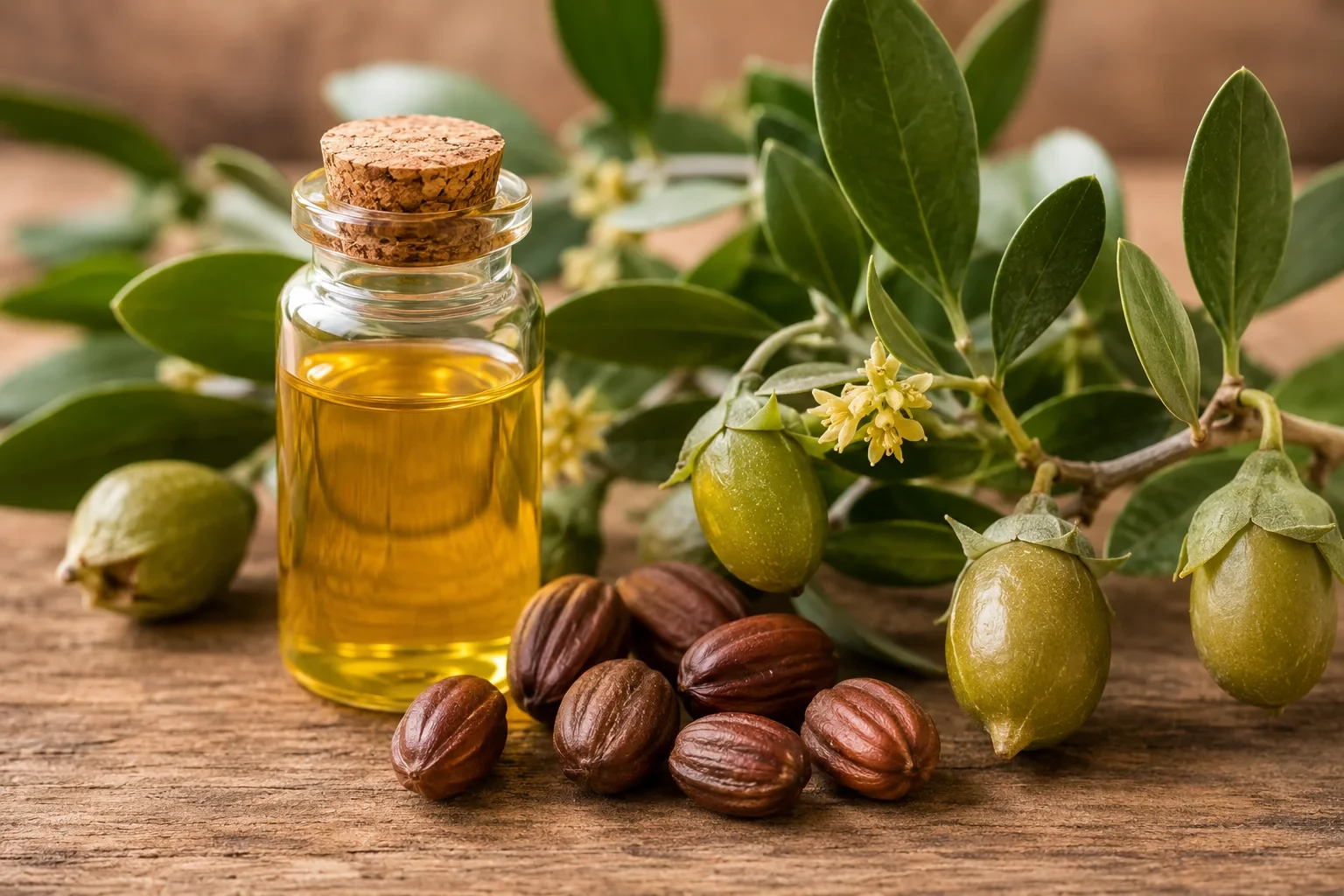 Jojoba oil bottle with jojoba seeds and plant