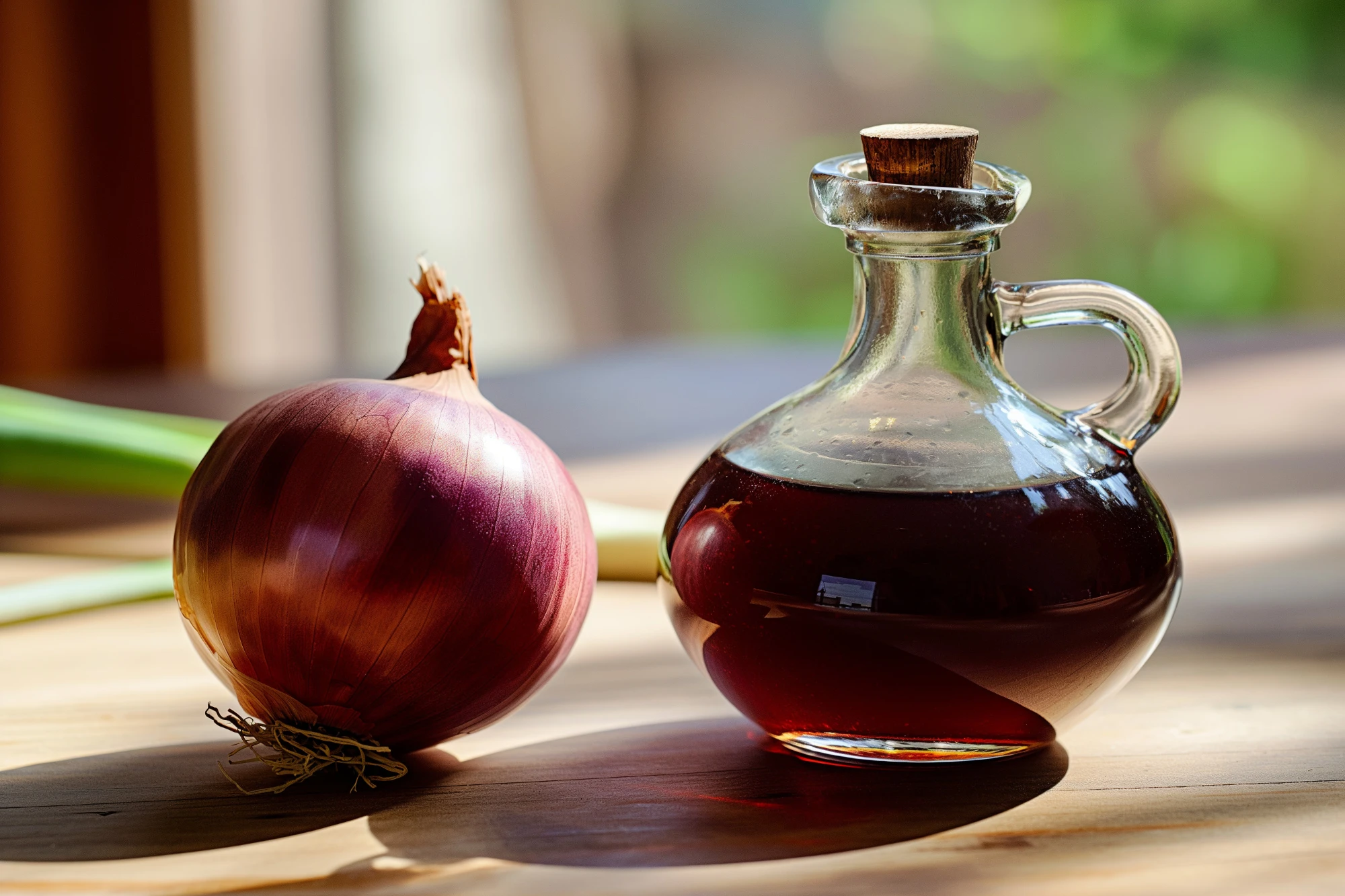 Onion extract bottle beside a red onion