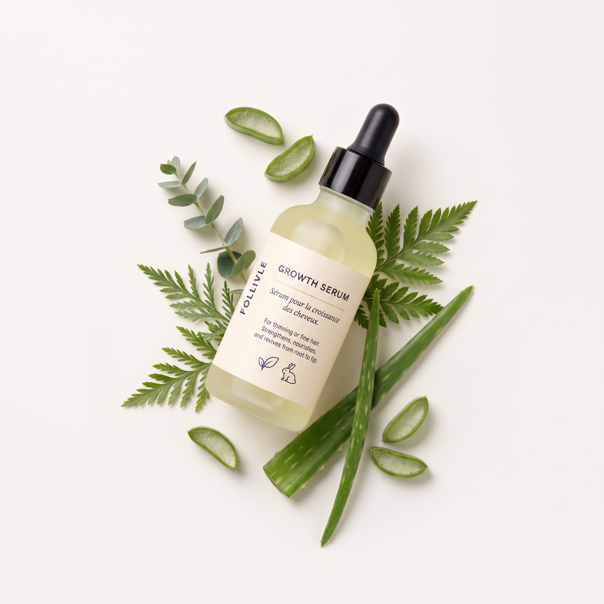 FOLLIVLE Growth Serum bottle styled with aloe vera, eucalyptus, and fern