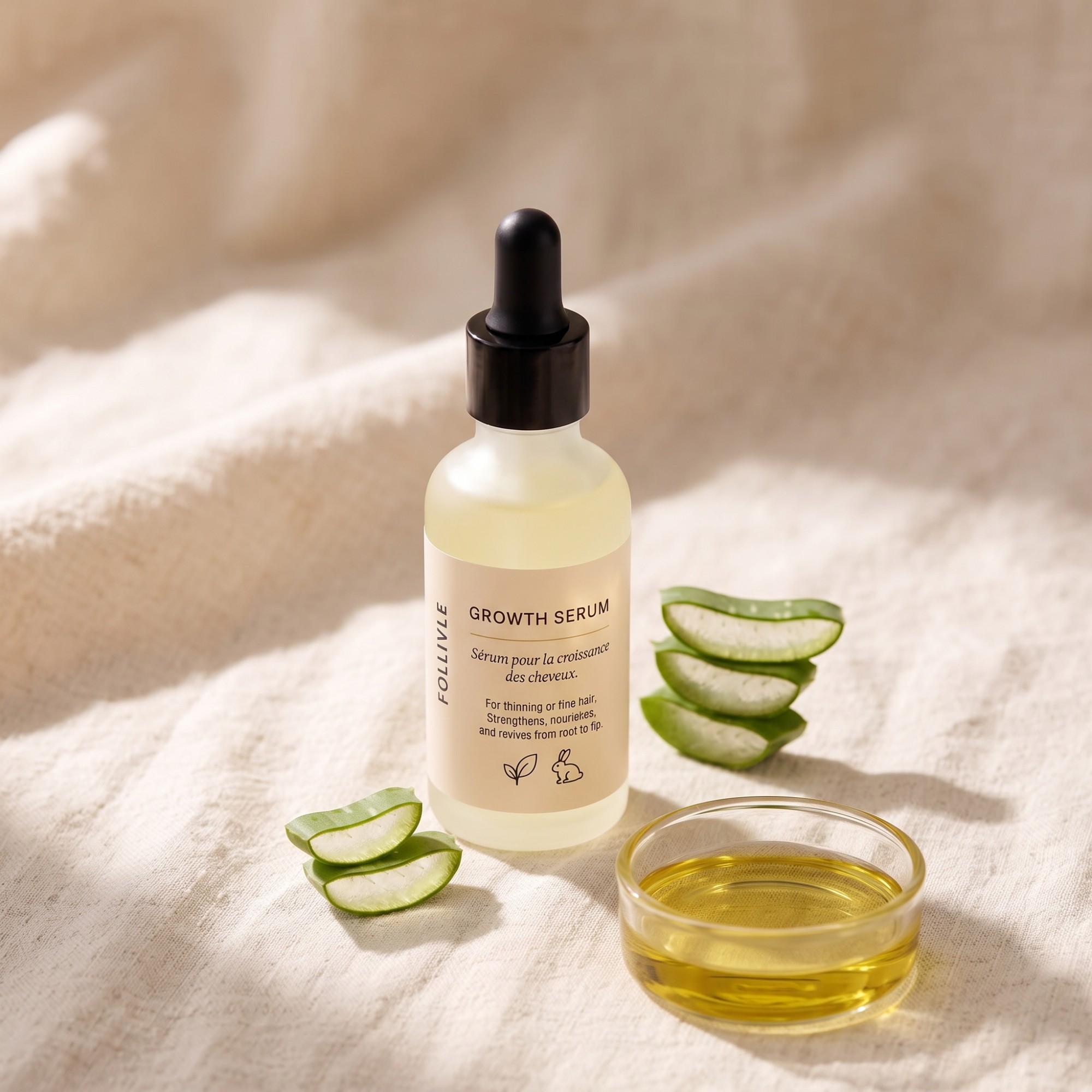 FOLLIVLE Growth Serum bottle with aloe vera and oil on linen